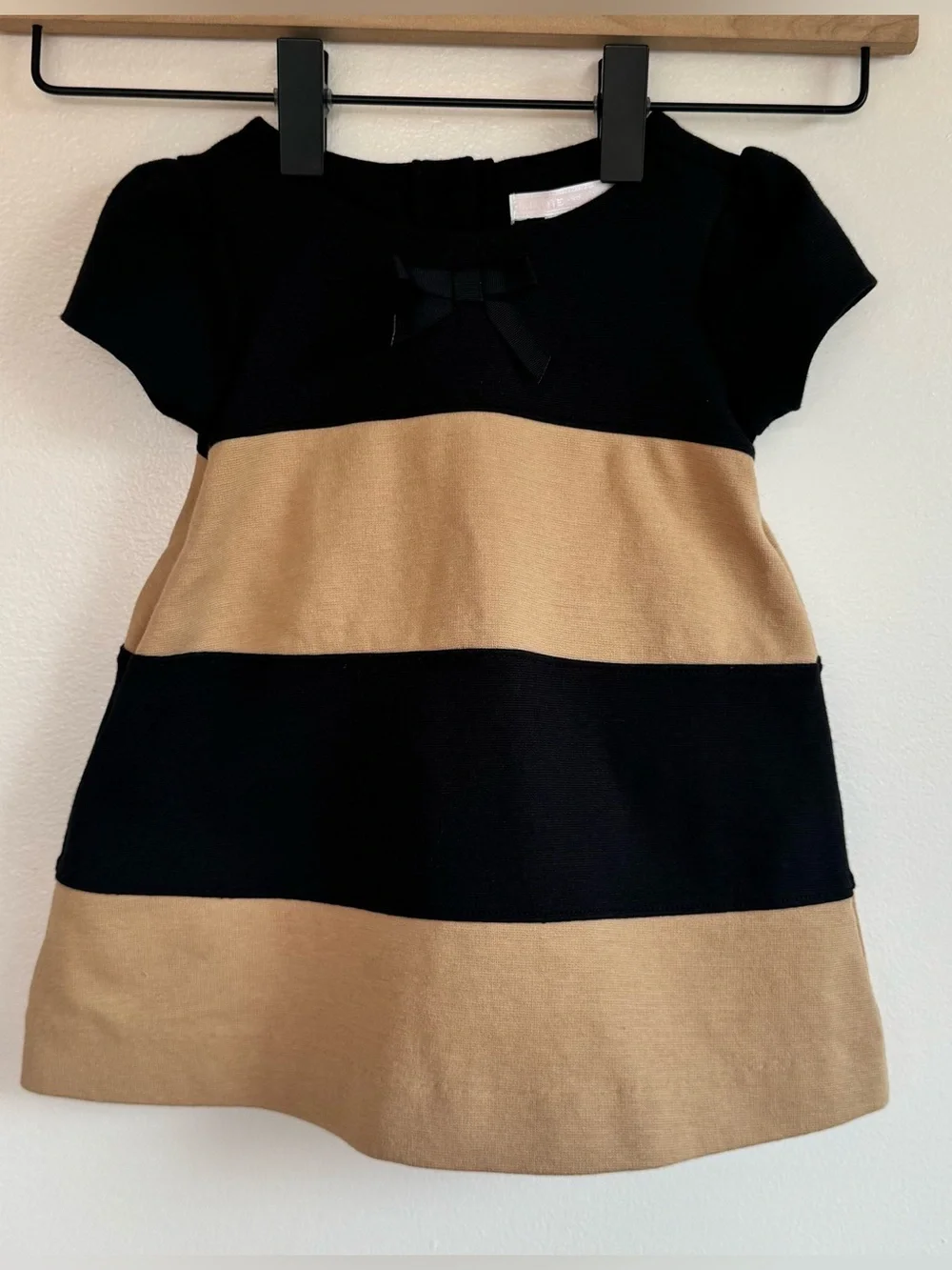Janie and Jack Tan & Black Color Block Striped Dress w Bow Set w Bloomers 3-6 Mo